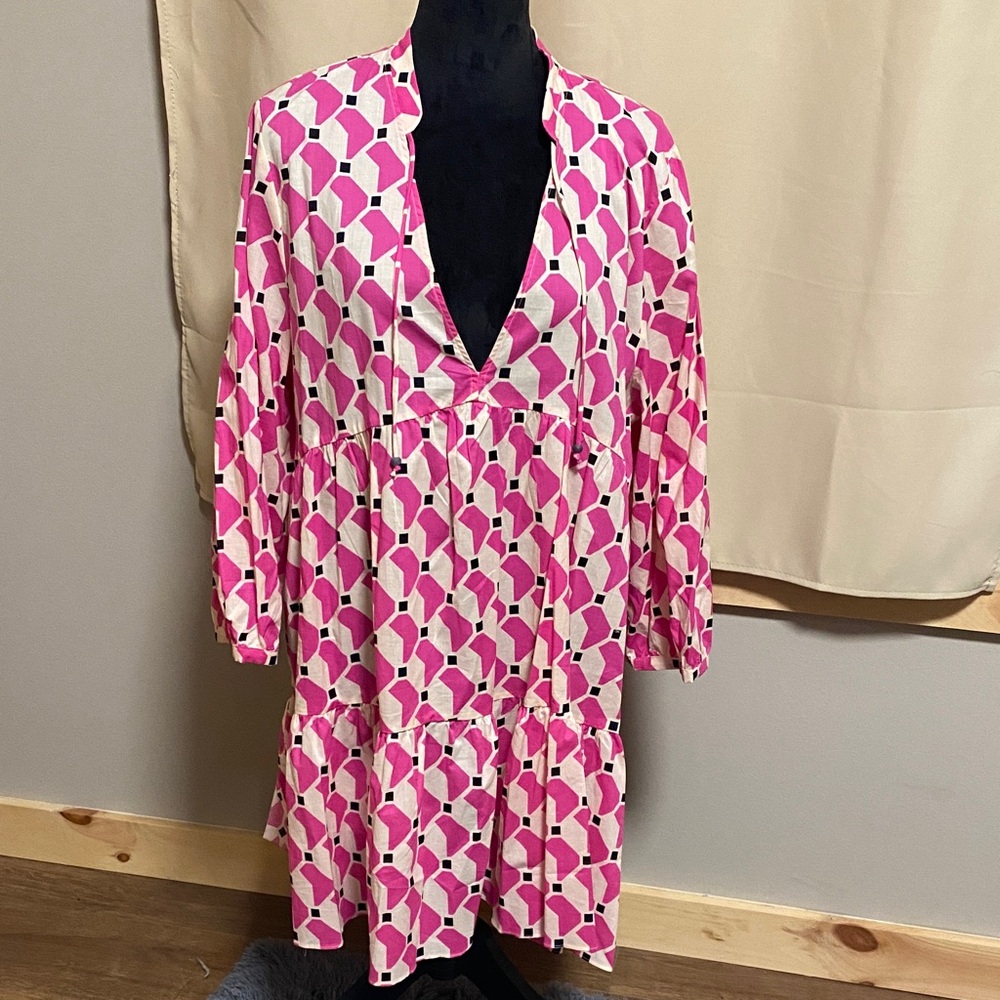 Zara The Mini Cadie Dress Pink Geometric V-Neck Women's Dress - Picture 3 of 5